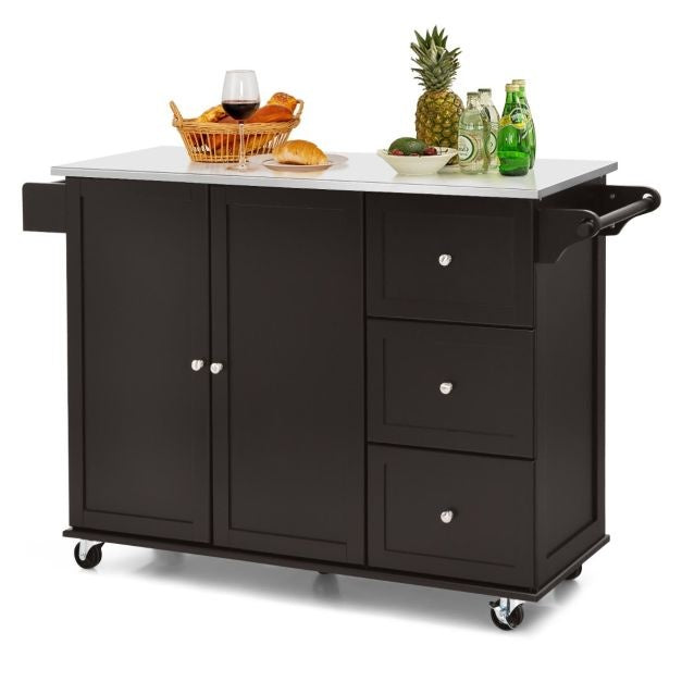 Coast Küchenwagen Servierwagen - Edelstahl - Kücheninsel mit 3 Schubladen - 135 x 45,5 x 91,5 cm - Braun/Weiß/Schwarz