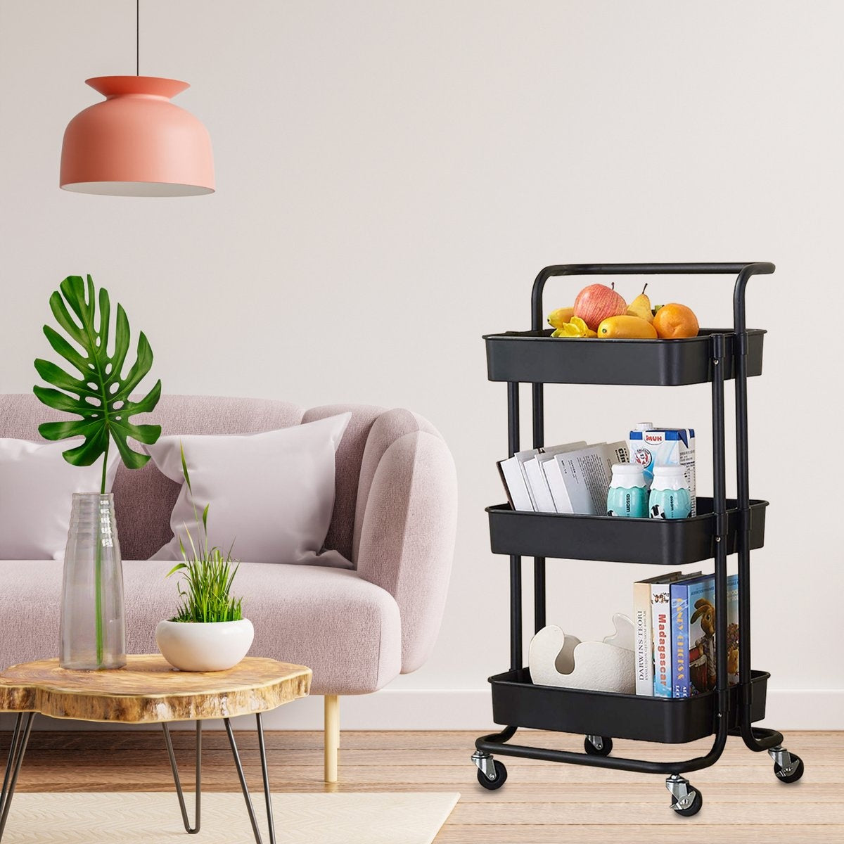 O'DADDY Küchenwagen auf Rädern - Servierwagen - Küchenwagen schwarz - fahrbar und feststehend - 3 Ebenen - 86 x 43 x 36 cm