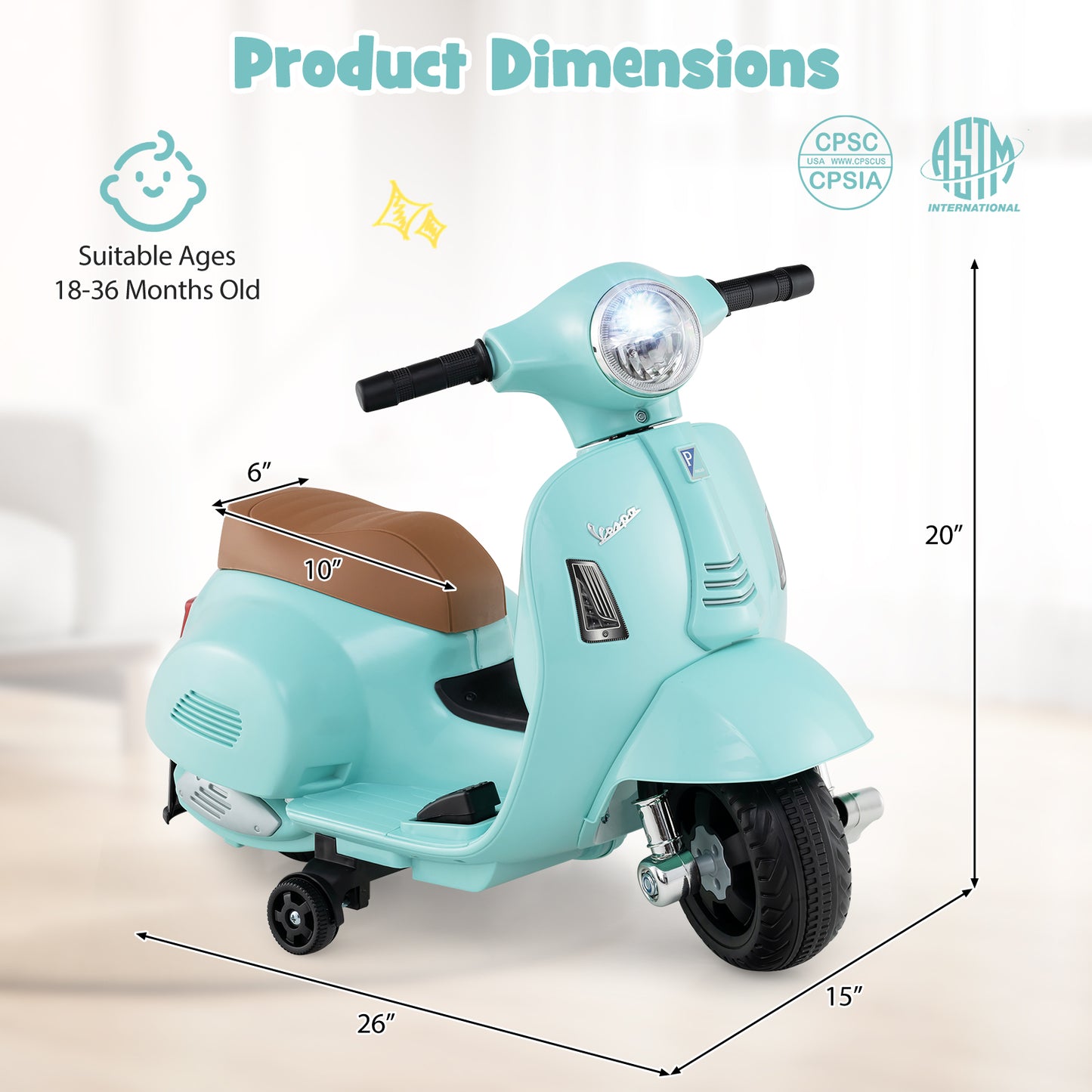 Coast Vespa Kindermotorrad – 6 V, elektrisch – mit LED und Sound – grün