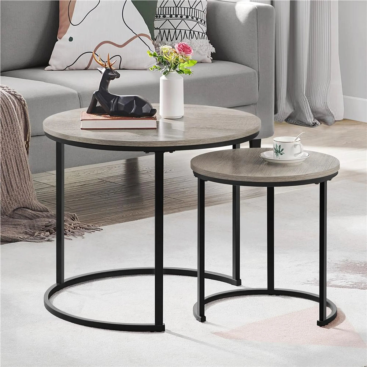 Yaheetech Beistelltisch-Set, 2er-Set, rund – mit ineinander verschiebbarem Design, wasserabweisender Tischplatte und Metallgestell – für Wohn- und Schlafzimmer – graues MDF – 60 x 60 x 50,5 cm