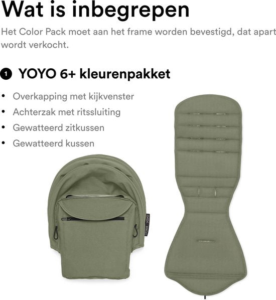 Stokke YOYO 6+ Color Pack, Olive – Textil: Sitzkissen, ausziehbares Verdeck und Rückentasche mit Reißverschluss – Für den YOYO-Rahmen (separat erhältlich)