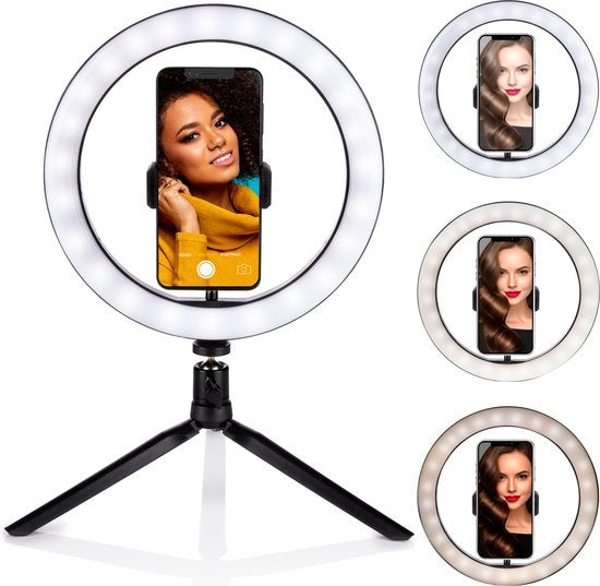 Grundig Selfie Ringlampe auf Stativ - Ringlicht - für Smartphone - Social Media und Vlogs - LED - Flexibel - 25 cm