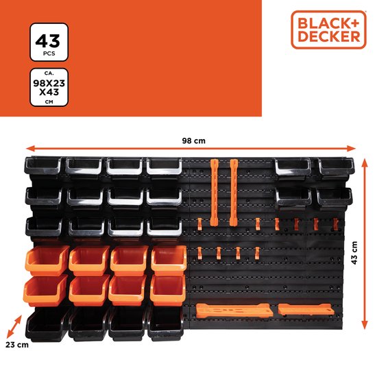 BLACK+DECKER Werkzeugtafel mit Aufbewahrungsfächern und Aufhängern – 98 x 23 x 43 cm – 43 Teile – Werkzeugwand
