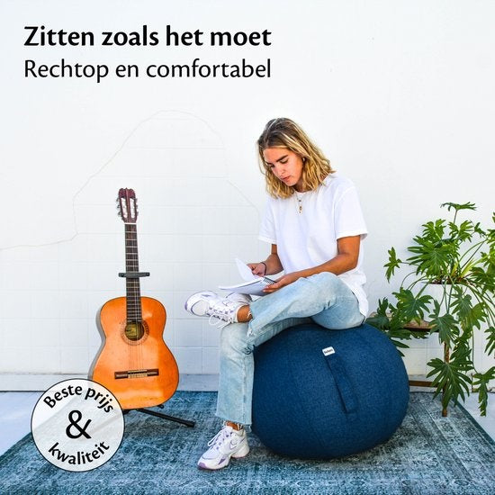 Bckz Sitzball Büro und Zuhause 55 CM - Luxus-Yoga-Ball - Sitzball mit Hülse - Ergonomischer Bürostuhl-Ball - Leinen Dunkelblau