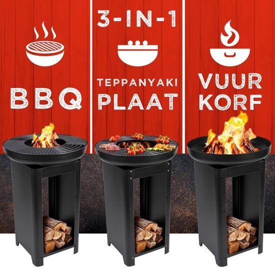 BBQ Collection - 3-in-1 Teppanyaki Grillplatte, BBQ, Feuerstelle - 61 x 90 cm - mit Brennholzaufbewahrung - Edelstahl Schwarz