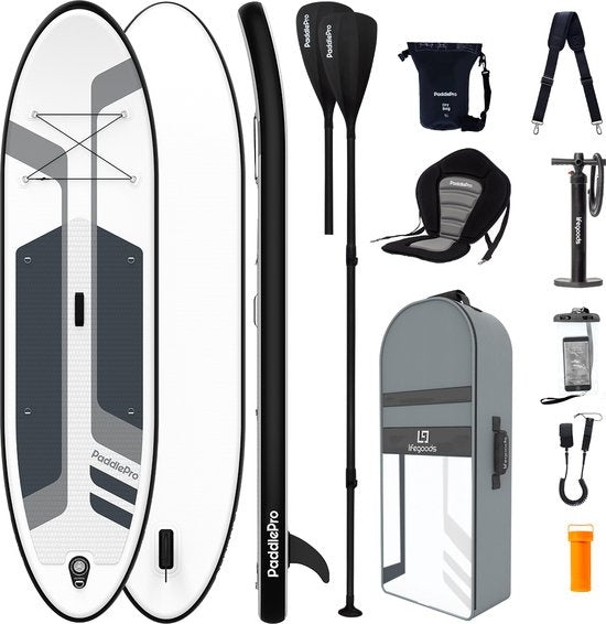 LifeGoods SUP Board - Deluxe Set - Mit Sitz - Aufblasbares Paddle Board - Max. 135KG - 320x81cm - Weiß