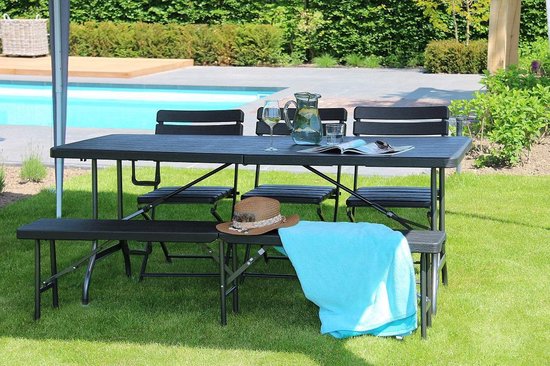 ERRO Picknickbank - Klappbare Gartenbank - Holzoptik - Schwarz - 180cm