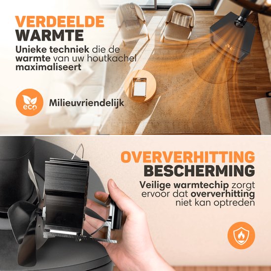 Vulpes Goods® Tech - Ofenventilator für Kaminöfen - Kaminofenventilator - Ecofan - Wärmeventilator - 6 Flügel - Inkl. Thermometer & Handschuh - PRO Version