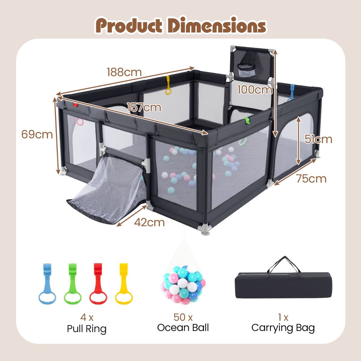 Coast Babybox mit Basketballkorb und Fußballtor – inklusive Bälle und Tragetasche – dunkelgrau 188 x 157 cm