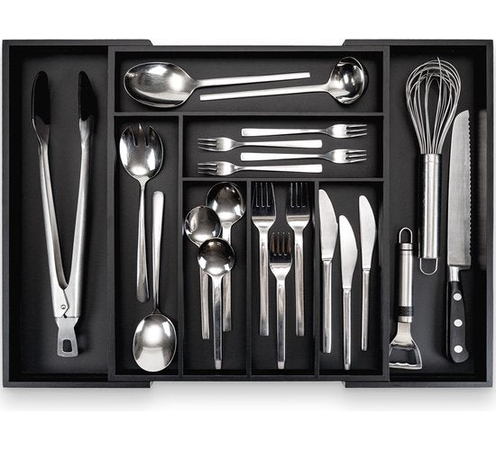 Budu Extendable Bamboo Cutlery Tray #38 (38 cm tief) - Schwarz - Besteckkassette Holz - Besteckschublade - 38 x 29,5 - 47,8 cm - 5/7 Fächer