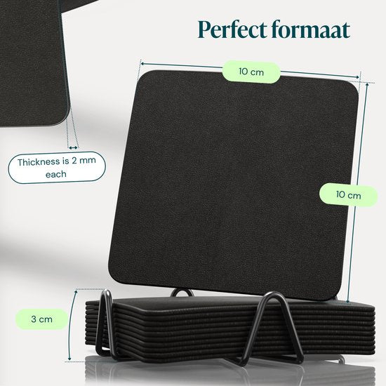 Castagnola Untersetzer aus Kunstleder – Untersetzer für Gläser – Design-Untersetzer mit Halter – Untersetzer-Set aus Kunstleder mit Metallhalter – Leder – 10er-Set – Schwarz – 10 x 10 cm