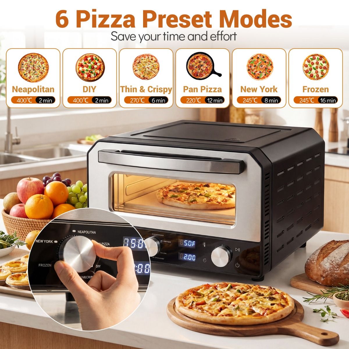 Coast Elektrischer Pizzaofen – Tischmodell mit 6 Voreinstellungen – Für Pizzen bis zu 30 cm – Schwarz