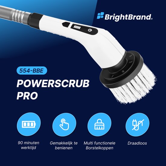 Brightbrand PowerScrub Pro - Elektrische Reinigungsbürste - Schrubber - Für Bad und Küche - Reiniger - Schrubber mit Griff - Abzieher - Polierer - Polierer mit 10 Aufsätzen