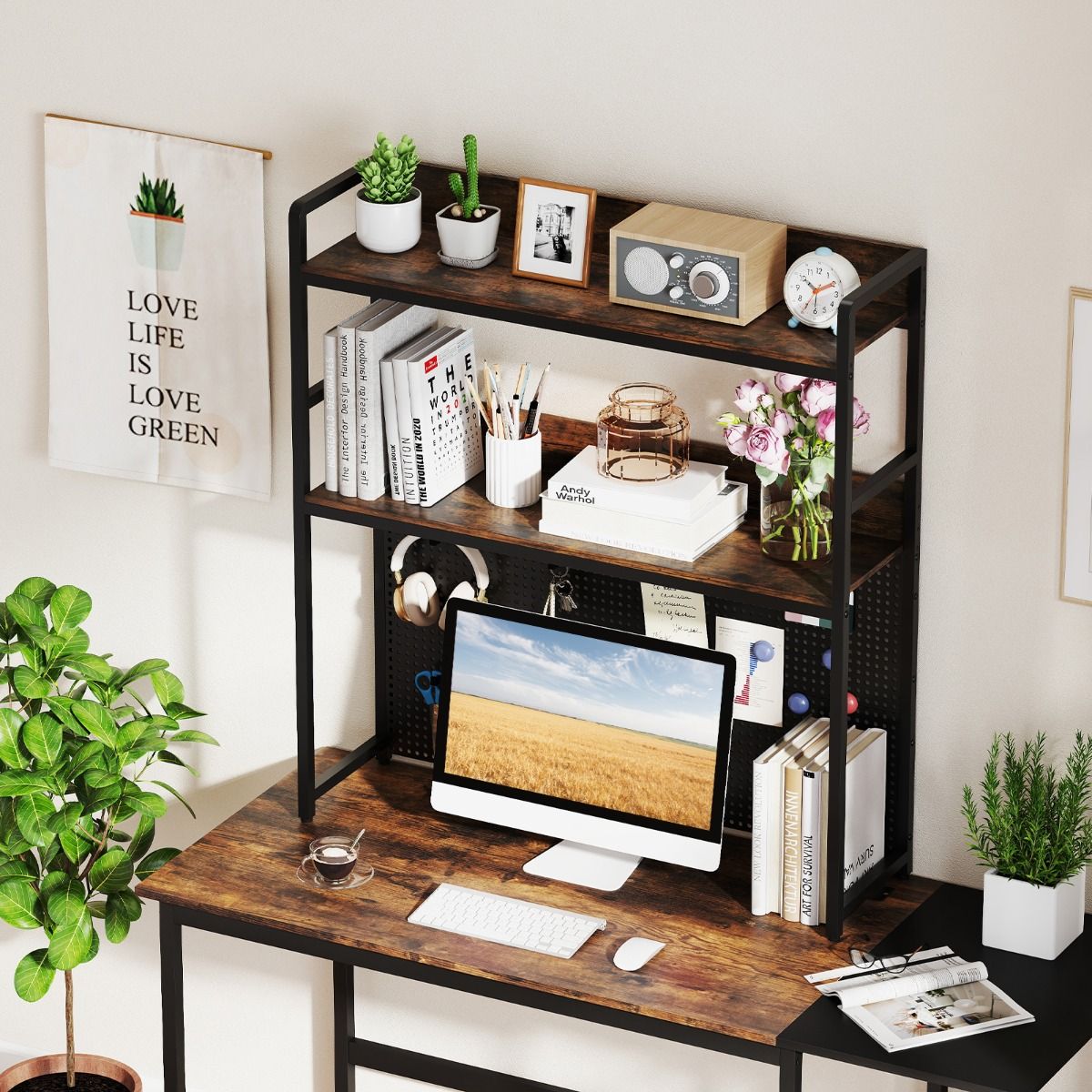 Coast Schreibtischregal mit Pinnwand & Metallrahmen, 2-stöckiges Bücherregal, 94x27x103 cm, rustikal braun & schwarz