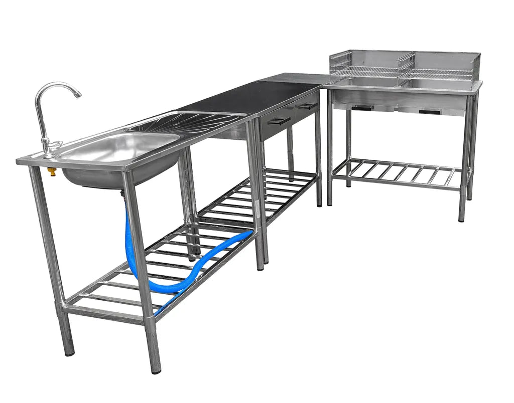 Garten Beistelltisch BBQ Barbecue - 100x50.5x87cm - Verstellbar - 2 Schubladen - Edelstahl