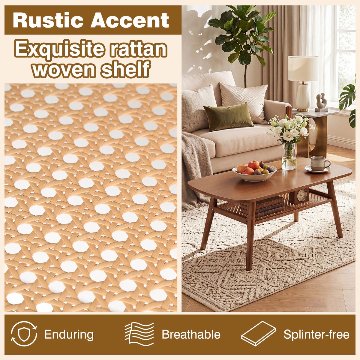 Coast Couchtisch – mit Stauraum aus Rattan – rechteckig – Nussbaum