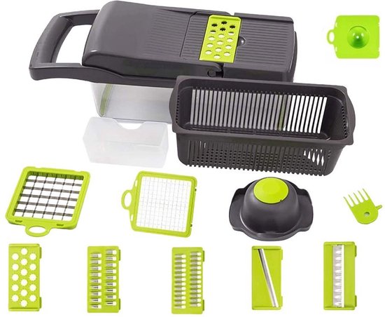 Gemüseschneider – Slicer-Dicer – Gemüsehacker – Mandoline – Gemüseschneider – inkl. 7 Klingen – inkl. Schälmesser – Käsereibe – inkl. Eiertrenner – Allesschneider –