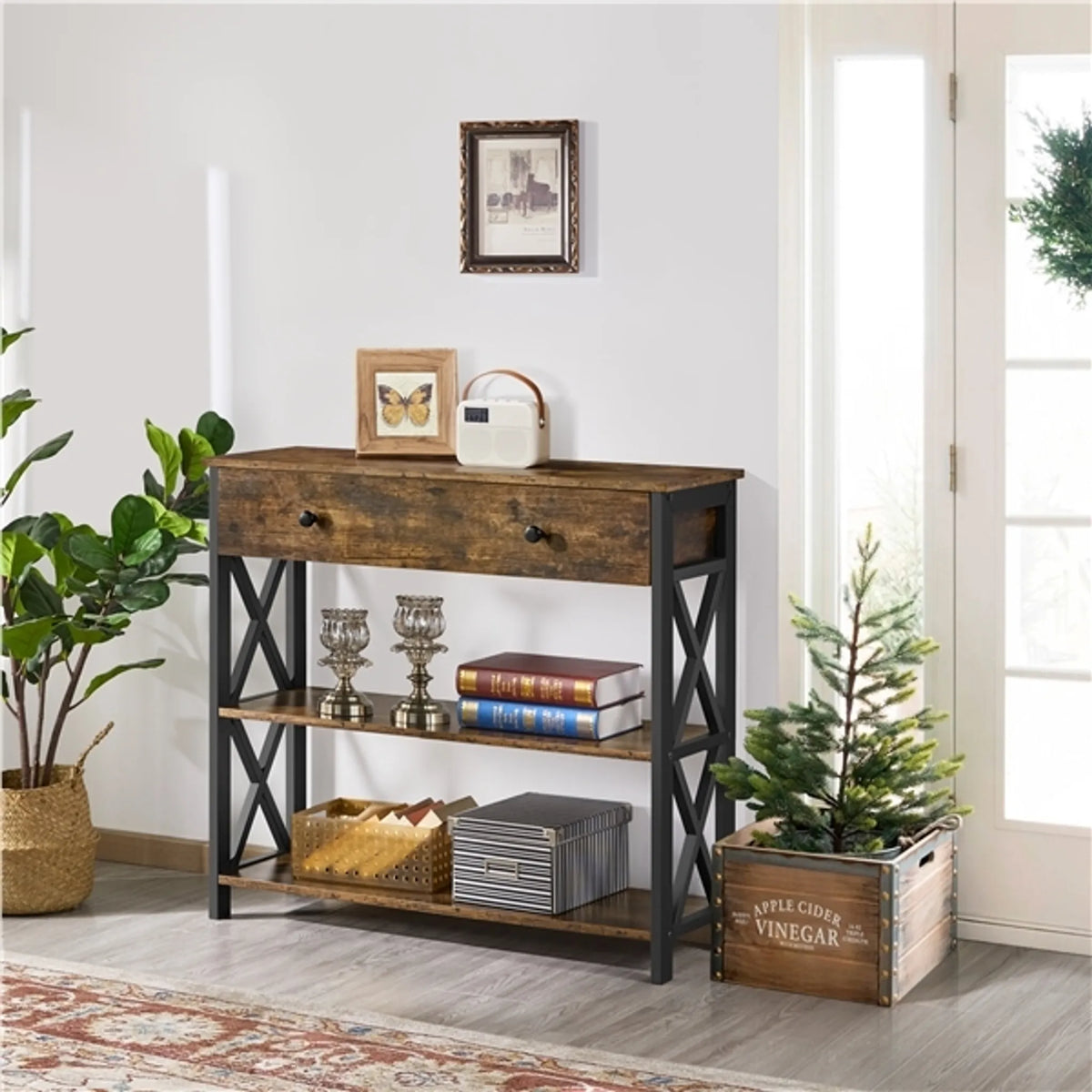 Yaheetech Schmaler Konsolentisch mit Schublade und 2 Ablagen – 80 x 29,5 x 81 cm – Rostbraun