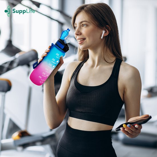 Supplife Motivations-Trinkflasche – 1-Liter-Trinkflasche – Trinkflasche mit Zeitmarkierung – Mit Strohhalm – Erwachsene – Kinder – Blau-Rosa