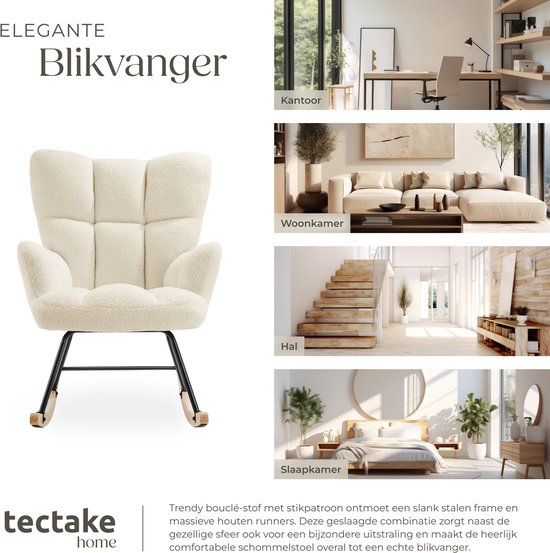 tectake Schaukelstuhl Torve - Gepolsterter Bouclé-Stoff-Schaukelstuhl im Scandi-Stil - Entspannungssessel mit Holzgleitern, weicher Polsterung und hoher Rückenlehne für optimalen Komfort - 70 x 96 x 97 cm - Beige