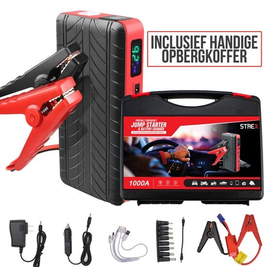 Strex - Starthilfe fürs Auto - 12V - 1000A / 18.000 mAh - 4-in-1 Starthilfe mit Powerbank - LED-Taschenlampe - SOS-Notleuchte - Rot