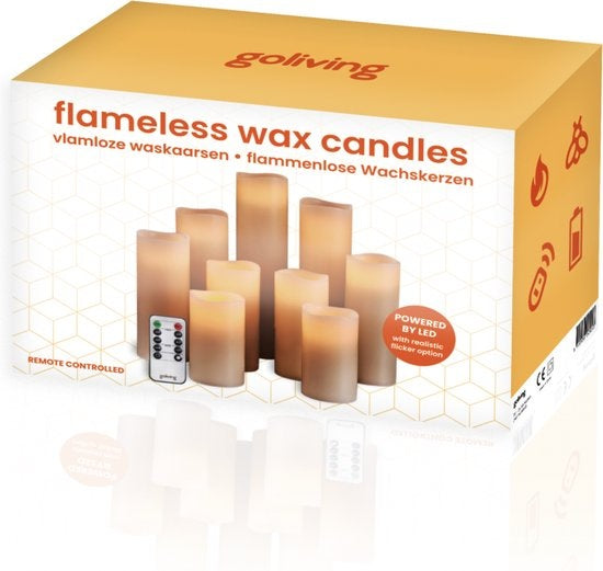 Goliving Led-Kerzen mit Fernbedienung - Bewegliche Flamme - echtes Wachs - 2x Fernbedienung - 9er Set