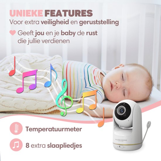 Vulpes Goods® Babycare Babyphone mit Kamera - Mit VOX - 5-Zoll- FULL HD Bildschirm - Fernbedienbar - Nachtsicht - PRO Version - Weiß