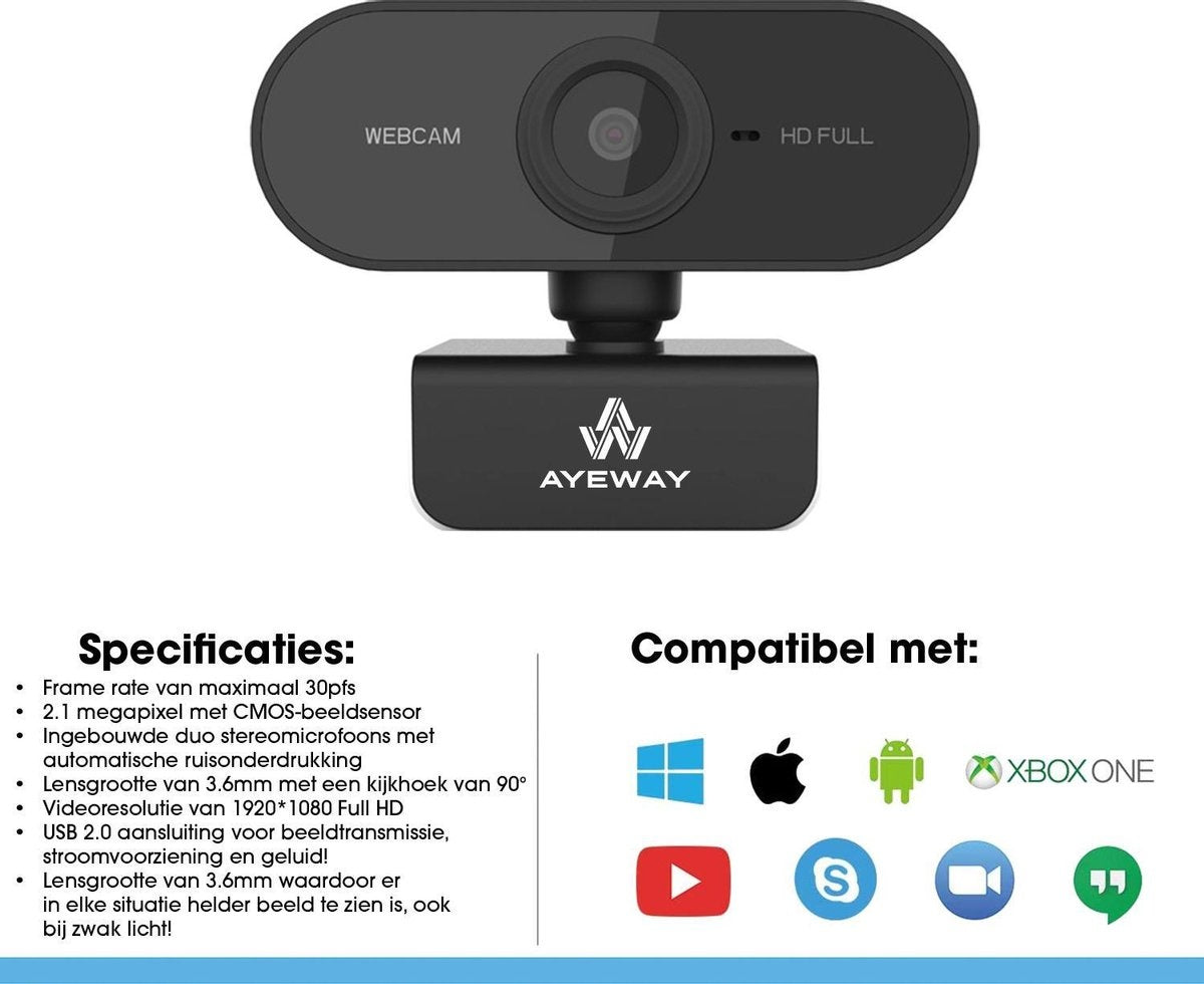 AyeWay Full HD Webcam - Inkl. Sichtschutz - Webcam für PC - Arbeit & Zuhause - Windows & Mac