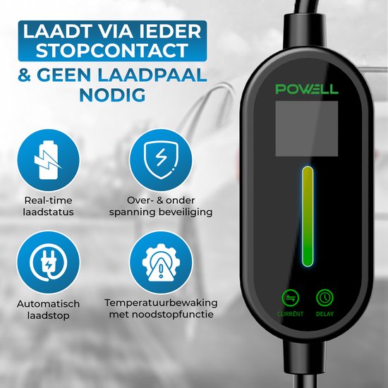 Powell Ladekabel Typ 2 - Mobile Home Charger Typ 2 - 3.5kW - IP67 Wasserdicht - 5 Meter Kabel - Inklusive Aufbewahrungstasche - Wasserdicht - Schwarz/Weiß