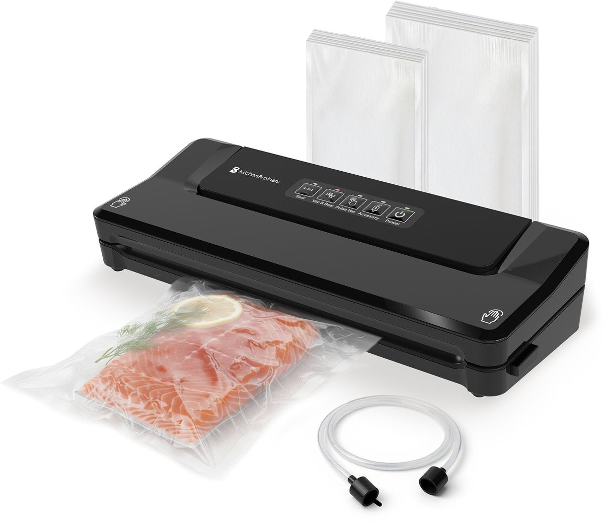 KitchenBrothers Vakuumiermaschine Essential - 4,5 L/min - 4 Funktionen - Inklusive 40 PFAS-freie Vakuumbeutel & Vakuumschlauch - Schwarz