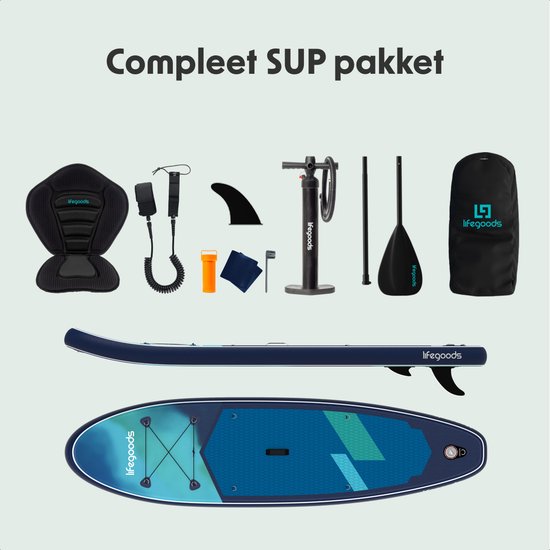 LifeGoods SUP-Board Allround Compact – mit Sitz – 100 kg Tragkraft – 300 x 76 cm – aufblasbar – komplettes SUP-Set – Blau/Grün