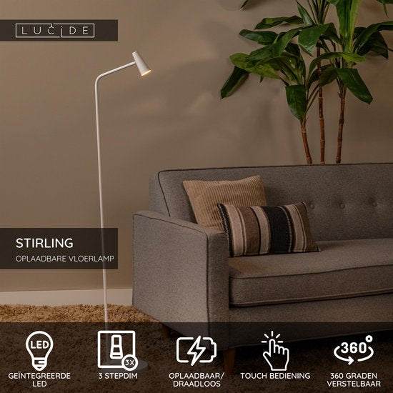 Lucide STIRLING – Wiederaufladbare Stehlampe – Akku/Batterie – LED mit 3-stufiger Dimmung – 1×3 W, 2700 K – Weiß