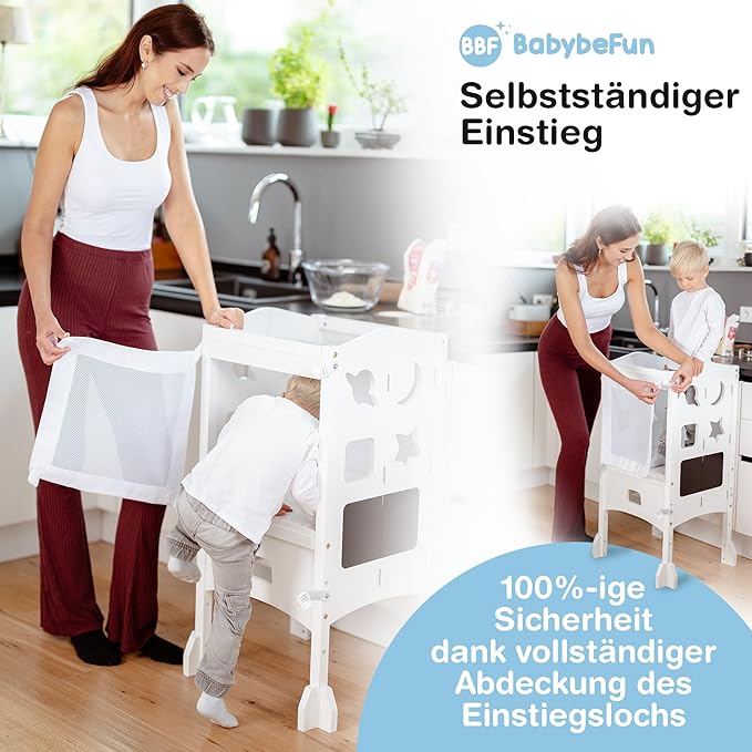 BabybeFun Lernturm ab 1 Jahr - Zusammenklappbarer Lernturm inkl. 360° Sicherheitsnetz - Extra stabiler und solider Lernturm - Lieferung vormontiert mit Kippschutz