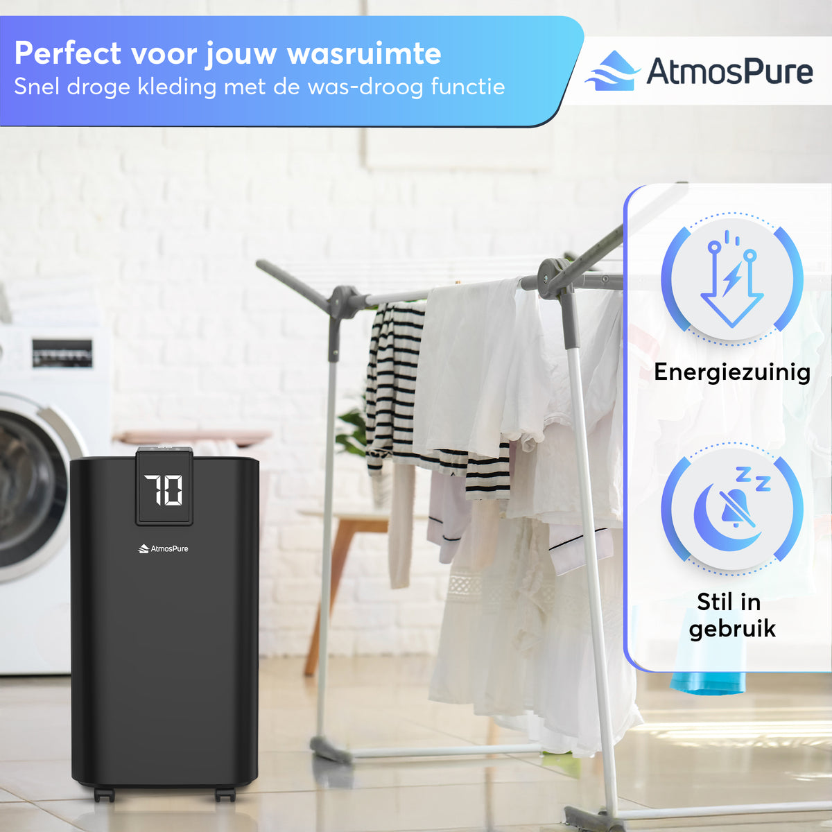 AtmosPure® Luftentfeuchter AirDry Elite - 12 L pro Tag - Waschtrockenfunktion - Für Waschküche, Bad, Wohnzimmer und Keller - Schwarz