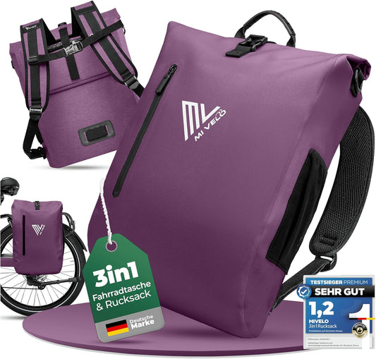 MIVELO 3-in-1 Fahrradtasche, Rucksack & Umhängetasche - wasserdicht, 20L, 42x32x15 cm - TPU, lila - mit Laptopfach & Schnellverschluss-System