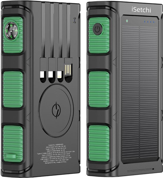 iSetchi Solar Powerbank 42800 mAh - Externer Akku - Notfallpaket - Solarstrom - Schnellladegerät - Mit Kompass und USB-C Kabel - Schnellladung 22.5W - Mit praktischer Taschenlampe - Grün/Schwarz