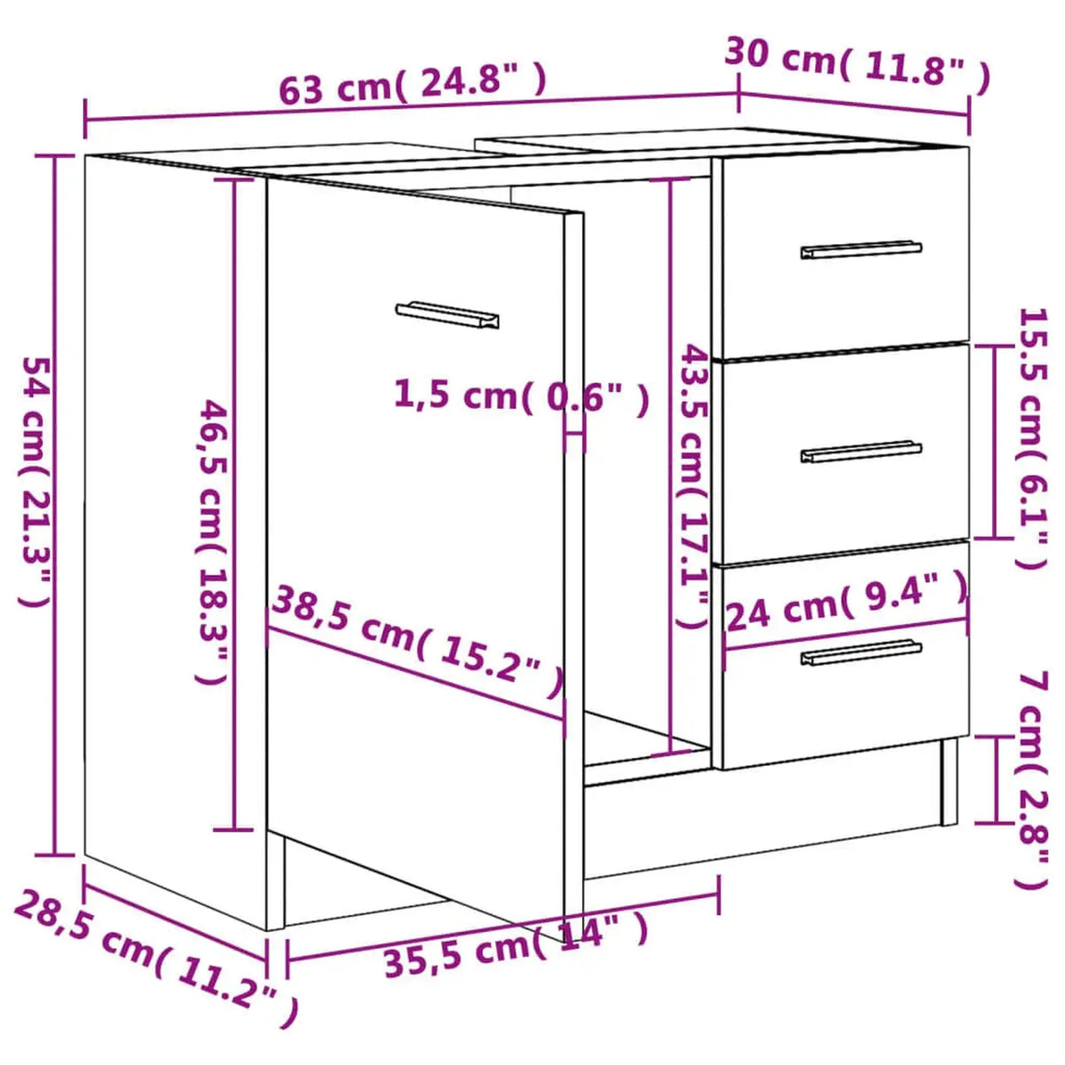 vidaXL Waschbeckenunterschrank und Badezimmerschrank 63 x 30 x 54 cm – Weiß – Holzverbundwerkstoff
