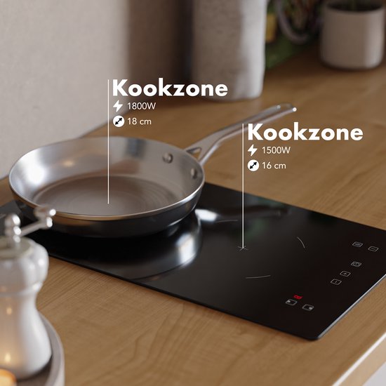 KitchenBrothers Induktionskochfeld - Eingebautes Induktionskochfeld - 30 cm - 2 Zonen - 1 Phase - bis zu 3300W - Schwarz
