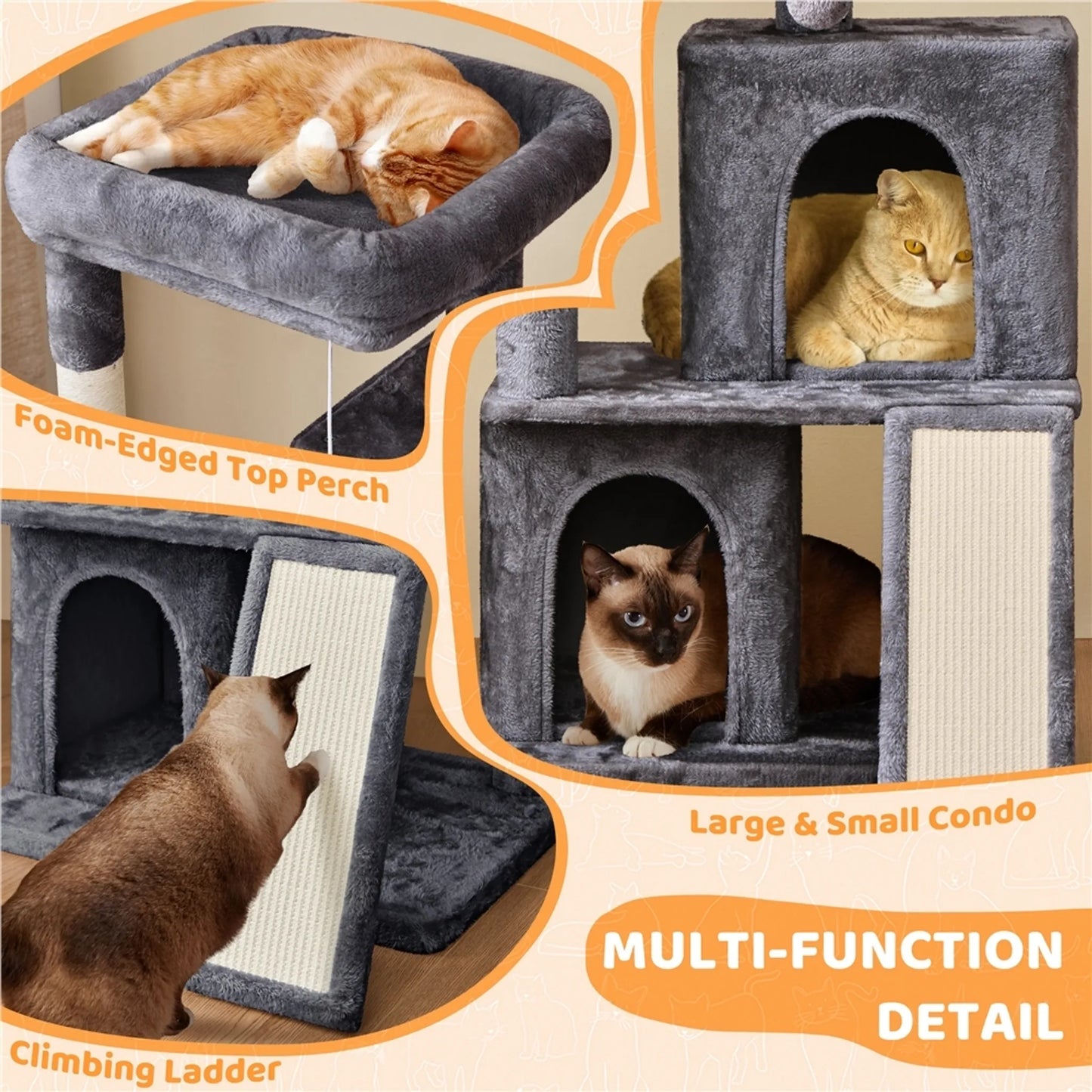 Yaheetech Katzenpfosten mit zwei Katzenhäusern - Ausgestattet mit Aussichtsplattform und Kratzbrett und Sisalstange und Spielball - Für 1-2 kleine bis mittlere Katzen - Dunkelgrauer Plüsch und Sisal - 60 x 45 x 106 cm