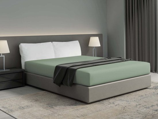 DoubleDry Spannbetttuch 100% natürliche Baumwolle - Doppelbett 180x200 cm - weich & atmungsaktiv - rundum elastisch - Altgrün