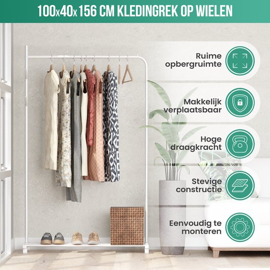 Avalo Kleiderständer auf Rädern Weiß - Metall - 100x40x156 - Aufbewahrung für Schuhe
