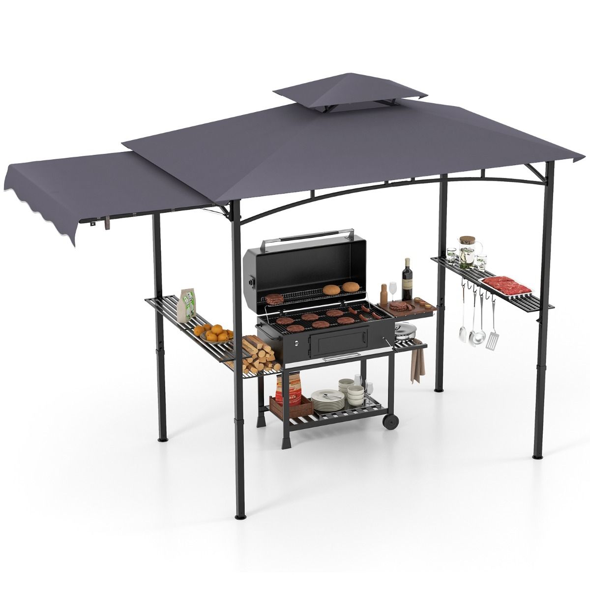 Coast Grillpavillon mit Seitenmarkise und Doppeldach 318 x 153 x 250 cm Dunkelgrau - Inklusive Seitenablagen und Haken