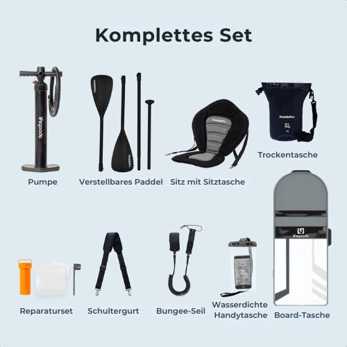 LifeGoods SUP Board - Deluxe Set - mit Sitz - Aufblasbares Paddle Board - Max. 135KG - 320x81cm - Weiß