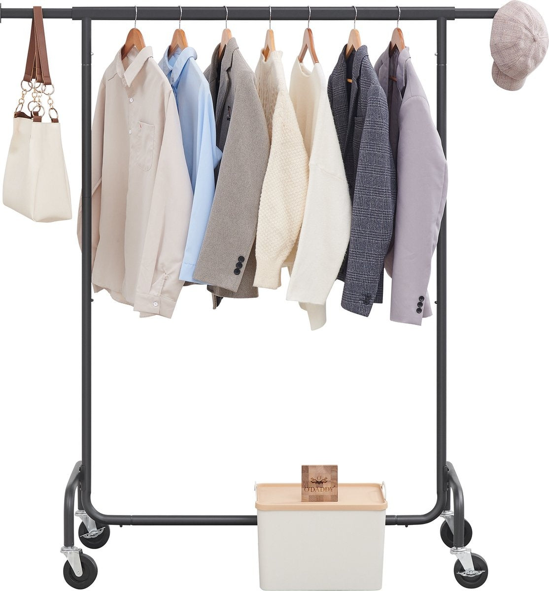 O'DADDYÂ® Kleiderständer auf Rädern - Garderobenständer - Ausziehbare Hängestange - Stabiles Design - Stabil bis zu 130kg- Metall - Schwarz