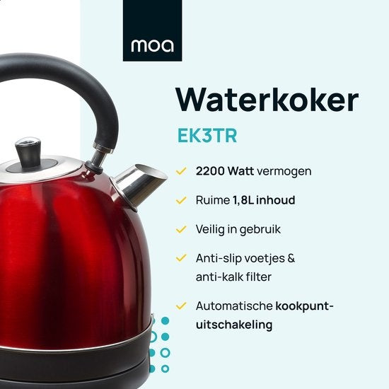 MOA Retro-Wasserkocher Rot 1,8 Liter - Elektrisch - Edelstahl - EK3TR