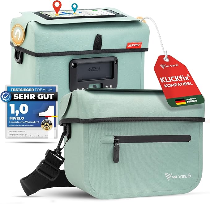MIVELO Lenkertasche - Wasserdicht - mit Handytasche - 7 Liter - Mint