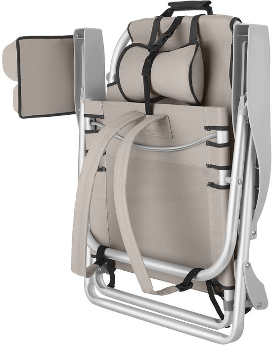 tectake® Beach Chair Coral - faltbarer Campingstuhl mit Kühltasche und Aufbewahrungstasche - 5-fach verstellbare Rückenlehne mit Kopfkissen - breite Armlehnen mit Becherhalter / Telefonhalter - faltbarer Campingstuhl - Beige