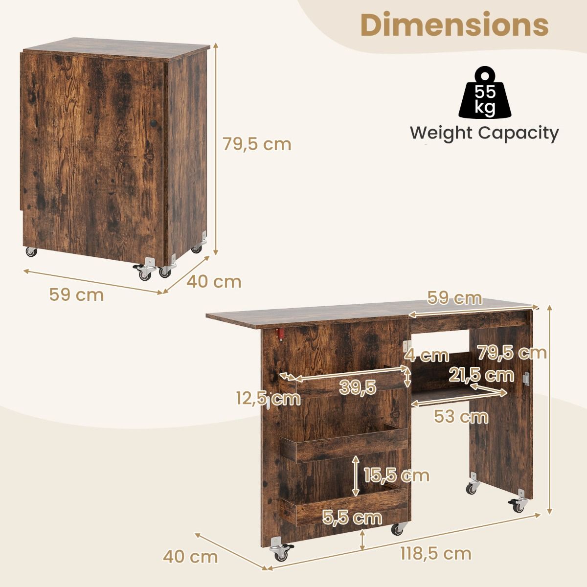 Coast Klappbarer Näh-Tisch – Mobile Bastelstation – Mit Ablagegestell und versteckten Staufächern – Grün 118,5 x 40 x 79,5 cm