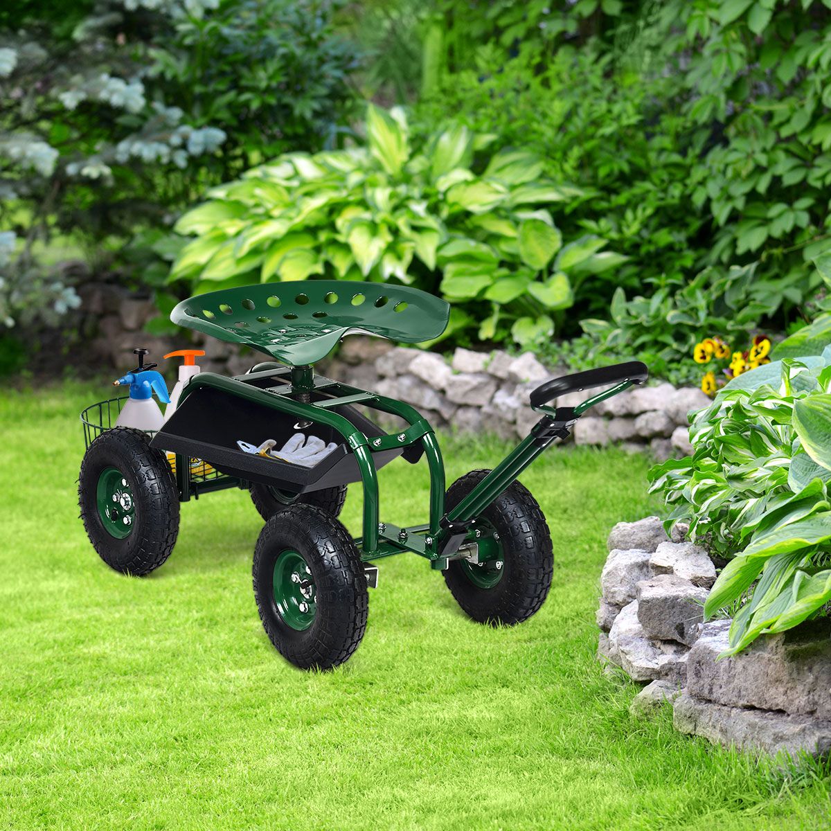 Coast Gartenwagen mit verstellbarem Griff – ergonomischer Sitz – Ablagekorb und Werkzeugkästen – grün