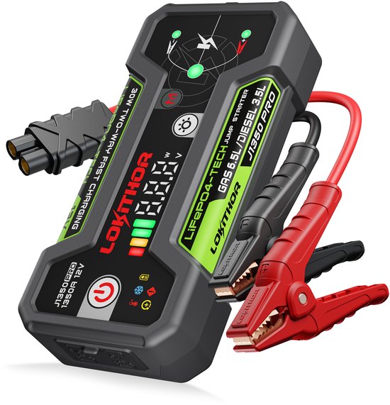 Lokithor Jumpstarter J1350 PRO – 12 V, 1350 A, LiFePO4 – Powerbank 30 W – Für PKW, Benziner bis 6,5 l und Diesel bis 3,5 l – LED-Taschenlampe